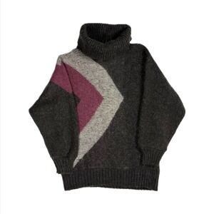 Alafoss Iceland Wool grey maroon red geometric knit turtleneck sweater women XS